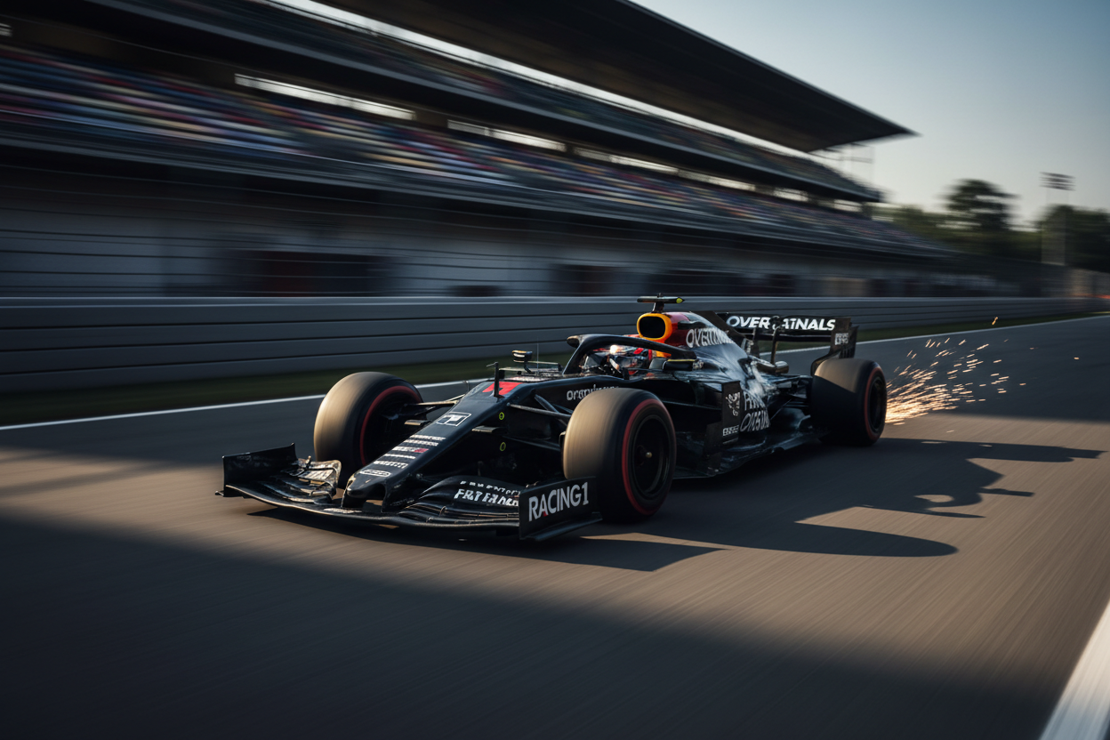 black exposed carbonfiber f1 car on a race track. the race cars is of overtaking originals. its sponsorors are racing1 and fast n fearless. make the car look its going over 300kmph with spark and dizzy baground